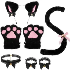 Sucodver 猫耳 カチューシャ 肉球手袋 尻尾 チョーカー 手首飾り 厚手 鈴付き ふわふわ ハロウィン コスプレ 小物 5点セット (ブラック) 1