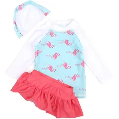 【特価】[Mon Ange] 女の子 水着 フラミンゴ柄 ラッシュガード キッズ スイミング 3点セット 水遊び ガールズ みずぎ