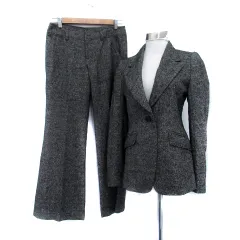 コムサデモード COMME CA DU MODE スーツ セットアップ 上下 テーラードジャケット ミドル丈 総裏地 シングルボタン フレアパンツ ロング丈 シルク混 9 M グレー 黒 ブラック /HO34