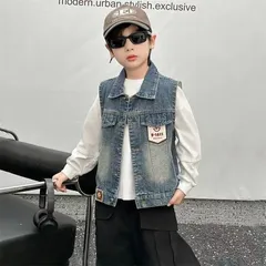 クーポンで10%OFF★ 子供服 子ども服 こども服 キッズ デニムベスト ノースリーブ ジージャン デニムコート 上着 アウター 春 秋 羽織り 男の子 カジュアル  ジュニア KCFC039(110-170)のサムネイル
