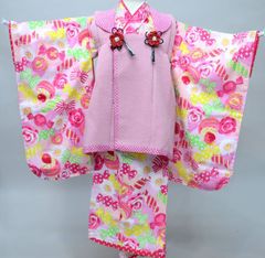 アンティーク流水に大きな花模様の着物にミニだらり帯セット☆3歳 