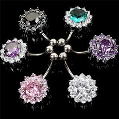 253：へそピアス キラキラ 金属アレルギー対応 ステンレス ジルコン フラワー 花 14G シャフト10ｍｍ ボディピアス 可愛い イヤーロブ