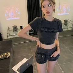 韓国 上下セット デニム風 Tシャツ ショートパンツ パッチワーク