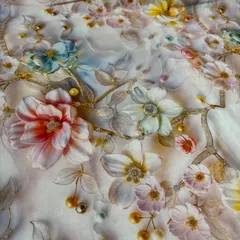 新仕様少量入荷1㍍長エレガント立体お花とパールのプリント綿シーチング生地ハギレ布