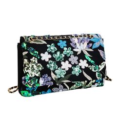【数量限定】ブラック///ホワイト 花柄ショルダーバッグ ウェディングパーティー用 イブニングクラッチ 脇の下財布 スパンコール刺繍花柄ショルダーバッグ、ブラックとゴールドチェーン Abvokury