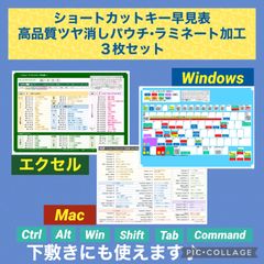 ショートカットキー早見表★３枚セット高品質ラミネートWin Excel  Mac