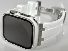 ホワイトシルバー★Apple Watchバンド ラバーベルト ステンレス アップルウォッチ画面保護カバー レーザー刻印ケース 40mm41mm44mm45mm46mm49mm ウルトラ  ultra  ultra2