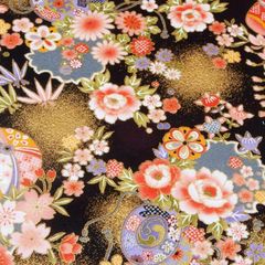 約110×24cm　開花 チリメンエンボス 花手毬と鼓 2500-136A  ブラック　生地 布地 布 ハンドメイド
