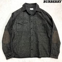 BURBERRY ツイードシャツ ハンティングシャツ ワークシャツ ウール 羊毛 エルボーパッチ レザー切り替え ロングスリーブ 長袖 Mサイズ グレー バーバリー