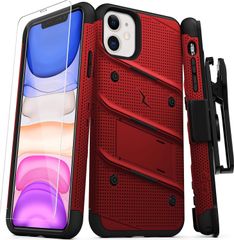 ZIZO Bolt Series iPhone 6.5 2019 iPhone11ケース | 丈夫なミリタリーグレードの落下保護 キックスタンド付き ベルトクリップホルスター 強化ガラスストラップ付き レッド BOLT-IPH61-RDBK