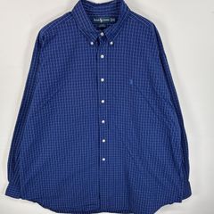 古着 ラルフローレン RALPH LAUREN 長袖シャツ ボタンダウンシャツ ワンポイント ロゴ 刺繍 大きいサイズ XXL  ネイビー系 チェック メンズ