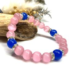 キャッツアイ(ピンク)×青瑪瑙 パワーストーン ブレスレット  (シルバー) メンズ・レディース　男性・女性　数珠ブレス 開運 [23]
