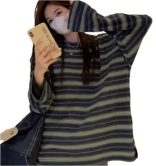 [TaKiHuReO] ボーダー レディース Tシャツ シャツ ロンT トップス カットソー 人気 定番 お洒落 カッコイイ 長袖 大きめ ゆったり 肌触り スリム 丸首 着痩せ 可愛い かわいい 部屋着 おしゃれ オシャレ かっこい [黒＆グリーン] [M]