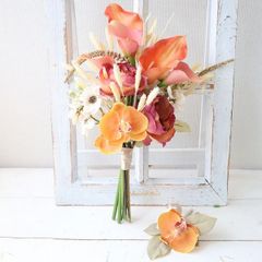 オータムカラーのクラッチブーケ　カラー　バラ　造花　前撮り　フォトウェディング　418