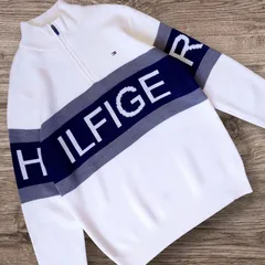 美品 TOMMY HILFIGER GOLF モックネック ハーフジップ ゴルフニット デカロゴ ホワイト