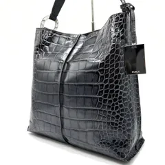✨良品✨ FURLA フルラ トートバッグ ハンドバッグ クロコ型押し シルバー金具 ロゴ型押し ロゴ総柄 A4収納 大容量 肩掛け レザー レディース ブラック 黒色