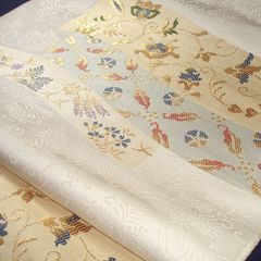 九寸帯　絹　正倉院　鳥の子色　西陣織　未仕立て　名古屋帯