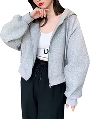 i think アイシンク フルジップ パーカー ショート丈 ドロップショルダー 長袖 部屋着 レディース フーディー カジュアル( グレー,  L)