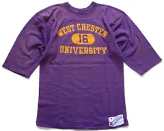 80s USA製 Championチャンピオン WEST CHESTER 三段中抜き ひび割れプリント コットン フットボールTシャツ 紫 フェード M★ビンテージ