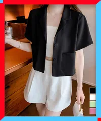 新品 テーラードジャケット レディース 薄手 サマージャケット 大人 ショートカーデ サマーカーデ 韓国風 襟付き軽アウター 黒 【送料無料】