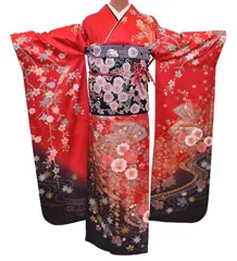 振袖３点セット 新品同様 正絹 高級振袖 京友禅 赤 黒 桜 紅葉 朝顔 扇 流水 文様 袋帯 新品 西陣 黒地 桜文様 正絹 長襦袢 成人式 結婚式 パーティ 振袖 振袖セット スコッチガード 加工済み リサイクル 着物屋 送料無料 (10-04-21)