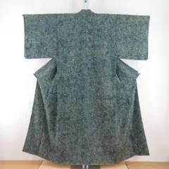 小紋 黄緑ｘ緑色 幾何学模様 正絹 袷 バチ衿 仕立て上がり着物 身丈151cm