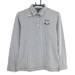 【美品】ゾーイ 長袖ポロシャツ 白×ネイビー ストライプ サッカー生地 レディース 40(L) ゴルフウェア ZOY