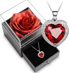 Laluna ソープフラワー ばら 赤 水晶 ネックレス レディース 枯れない花 バラ ドライフラワー ローズボックス メッセージカード付き 誕生日 記念日 結婚記念日 母の日 ホワイトデー バレンタインデー クリスマス プロポーズ(赤バラ)