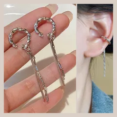 イヤーカフ ノンホール シルバー ツイスト ロング 2連 チェーン スティック