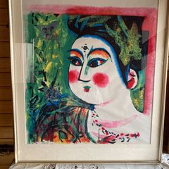棟方志功　鉄泉妃の柵　美人大首版画絵　大判風呂敷　複製画　額87×80 棟方志功 鉄泉妃の柵 美人大首版画絵 大判風呂敷 複製画 額