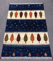 新品　ペルシャ絨毯　手織り　ギャッベ　青　オオカミの足跡