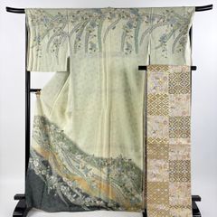 訪問着 身丈170cm 裄丈68cm L 袷 袋帯セット 落款 辻が花柄 金彩 薄緑 正絹 名品 【中古】