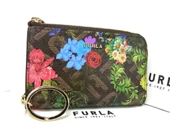 ■新品同様■ FURLA フルラ PVC 花柄 キーケース コインケース 鍵入れ 小銭入れ レディース ブラウン系×マルチカラー BI5141
