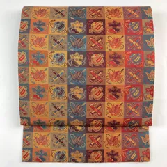 たんす屋 TANSU-YA 中古 リユース帯 名古屋帯 マルチカラー カジュアル 織り 市松に宝尽くし 未洗い MS2304