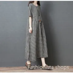 【新品未使用】ワンピース 綿麻風 レディース ワンピ★半袖★チェック柄★ロング丈 マキシ丈 体型カバー ゆったり きれいめ 森ガール 大人 通勤 通学 カジュアル シンプル 可愛い 夏 ファッション fcp 169