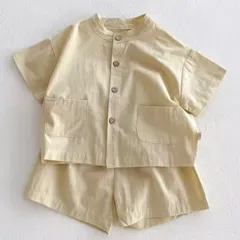 ベージュ ボタン セットアップ 子供 シャツ ブラウス 夏 オルチャン 韓国子供服風 カジュアル プチフォーマル 男の子 女の子 90 100 110 120