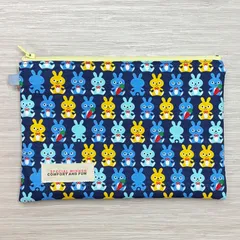 フラットポーチ 20㎝ファスナー うさぎ柄ネイビー 小物入れ 母子手帳 お薬手帳