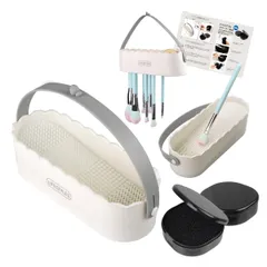 【プロのメイクアップアーティスト監修】MA・SELE メイクブラシクリーナー 洗浄 乾燥 収納 パフクリーナー 日本語説明書付き 吊り下げ 2in1 洗浄容器1個 携帯用ドライクリーナー2個 3点セット (ホワイト) [ホワイト]