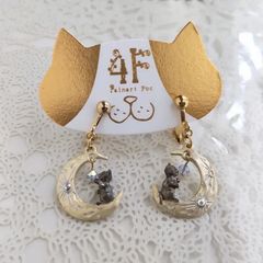 ♡ハンドメイド♡ビジューピアスorイヤリング№546月と猫アシンメトリー ♡ハンドメイド♡ビジューピアスorイヤリング№546月と猫アシンメトリー