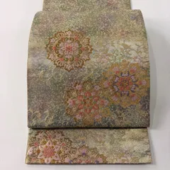 袋帯 秀品 服部織物 落款 こはく錦 手工芸 華文 花唐草 刺繍 金糸 灰緑 お太鼓柄 正絹 【中古】