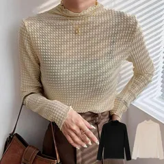 シアートップス チュールトップス レディース 長袖 ハイネック インナーＴシャツ 透け感 レイヤード 薄手 カットソー シースルーレース(メール便送料無料)