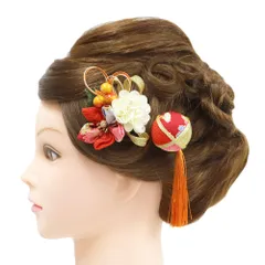 髪飾り 成人式 水引 つまみ細工 赤 振袖 前撮り 袴 花 2点セット オレンジ 橙色 白 ゴールド ちりめん 房 房付き 組紐 和柄 か No.9-5129