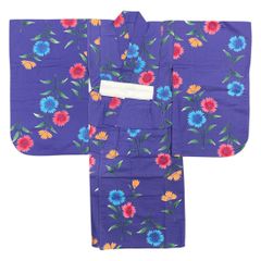 【B品　色褪せ　定価7,500円】ME-A-366　日本製　作り浴衣　新品未使用　簡単　キッズ　甚平　5〜6歳　綿100％  紫　パープル　コスモス　秋桜　花　お祭り　夏祭り　ワンシーズン　男の子　女の子　可愛い　子供　舞台服　学芸会　部屋着　寝巻き　レトロ