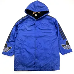 アディダス ☆ adidas デカロゴ◎ 裏ボア 防寒性◎ ベンチコート ジャケット フーディー L ブルー レトロ スポーツ アウトドア■F190