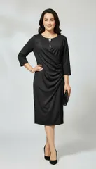 【EGERIE/エジェリ】ワンピース 七分袖 黒 ラップ風 カシュクール 膝丈 ジャージー素材 体型カバー 30代 40代 50代 オフィス フォーマル