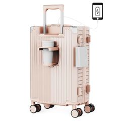 [Soralifer] スーツケース 機内持ち込み キャリーケース キャリーバッグ ストッパー付き静音キャスター USBポート付き ドリンクホルダー付き 物掛けフック 多機能スーツケース 軽量 静音 ファスナータイプ 旅行 ビジネス 出張 (ピンク, XL 0