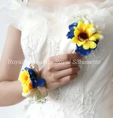 コサージュ リストブーケ 向日葵 ひまわり ブルー 青 黄色 イエロー 結婚式 ウェディング ブライダル 花嫁 造花 結婚式 前撮り 豪華 花束 ガーリー 可愛い フラワー お洒落 二次会 披露宴 海外挙式 ガーデンウェディング