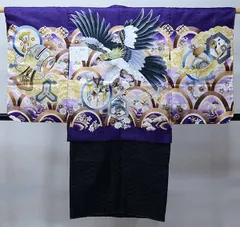 七五三 五歳 男児 羽織・着物・襦袢3点セット L寸 金刺繍 豪華絢爛 綸子地 紫地 鷹 お仕立て無料 祝着 NO38761-2