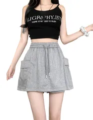 [WesRiva] スウェット ショート パンツ ハーフ ボトムス レディース ウエスト ゴム ひも シンプル 無地 カジュアル 韓国風 3カラー (JP, アルファベット, L, 標準, グレー) [グレー] [L] [標準]