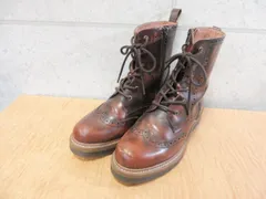 あしながおじさん ウイングチップブーツ レースアップブーツ サイドジップ レザー調 6ホール ブラウン 23.0cm